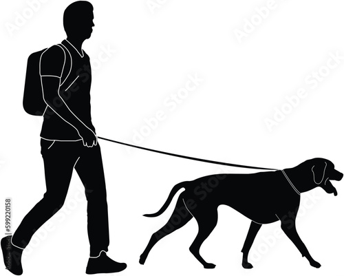 man with backpack walking dog, silhouette - vector artwork