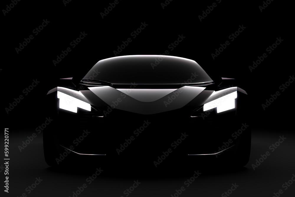 Front view dark silhouette of a modern sport black car isolated on black background. Created with Generative AI Technology Front view dark silhouette of a modern sport black car isolated on black background. Created with Generative AI Technology