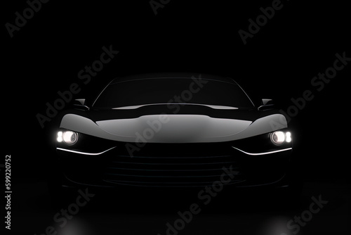 Front view dark silhouette of a modern sport black car isolated on black background. Created with Generative AI Technology © degungpranasiwi
