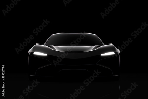 Front view dark silhouette of a modern sport black car isolated on black background. Created with Generative AI Technology © degungpranasiwi