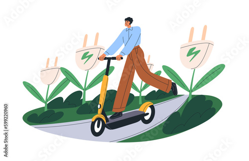 Young man riding electric kick scooter. Modern person driving eco green city urban transport. Male character travels on sustainable vehicle. Flat vector illustration isolated on white background