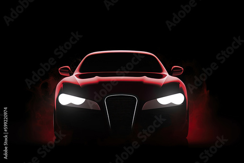 Front view dark silhouette of a modern luxury red car isolated on dark background with red neon light and smoke. Created with Generative AI Technology