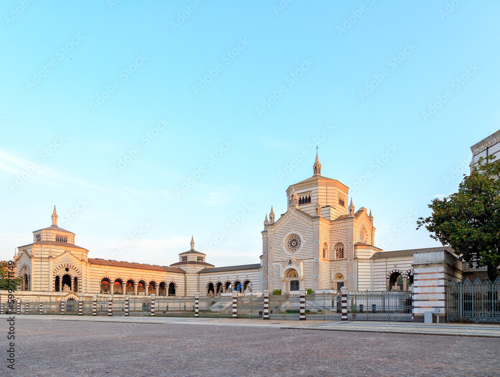 Milan, Italy - July 7, 2019: Monumental cemetery (Italian: Cimitero Monumentale di Milano). One of the richest tombstones and monuments in Europe