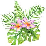 Watercolor illustration of tropical flower and leaves composition. Hand drawn exotic botanical arrangement. Floral bouquet. Perfect for invitations, cards, printing.