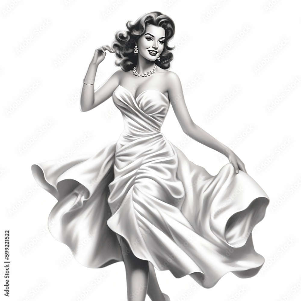 Fototapeta premium Adorable Pin-Up Girl in Beautiful Dress and High Heels on White Background