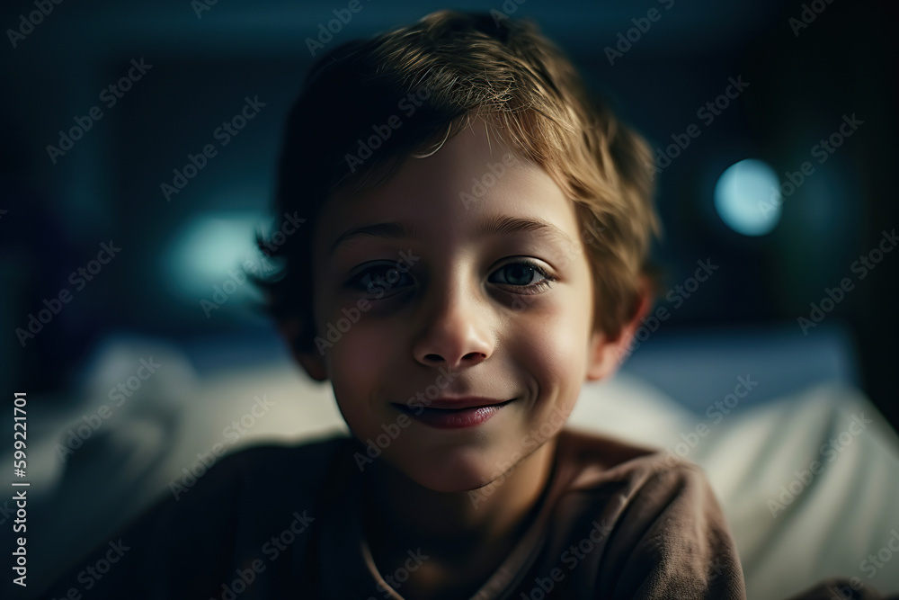 Sick boy looking at camera while lying in a hospital bed. Generative AI illustration. Sick boy looking at camera while lying in a hospital bed. Generative AI illustration.