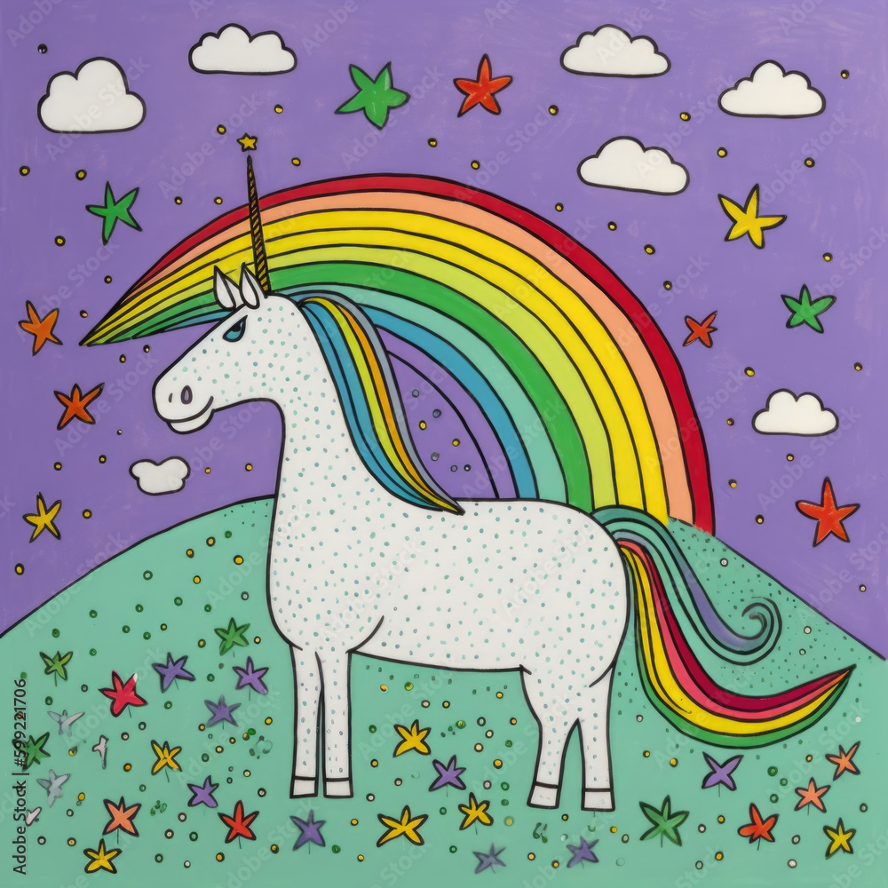 Cartoon Unicorn And Rainbow Kid s Drawing Style Generative AI cartoon-unicorn-and-rainbow-kid-s-drawing-style-generative-ai