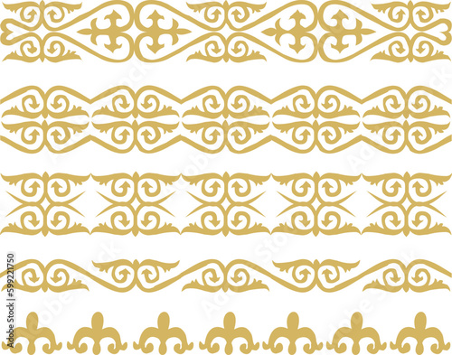 Set of vector gold seamless Kazakh national ornament. Ethnic pattern of the nomadic peoples of the great steppe, the Turks. Border, frame Mongols, Kyrgyz, Buryats, Kalmyks. Golden ornament of curls.