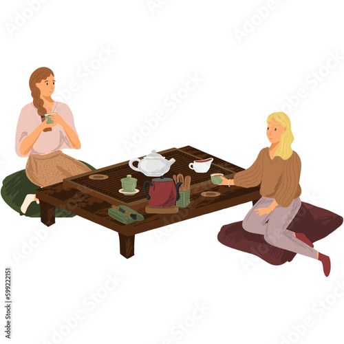 Girl friends drink tea chatting at table vector