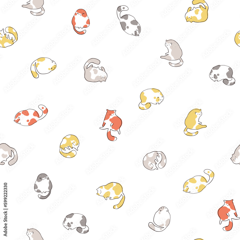 Funny cats in sketch style with one line spots. Vector seamless pattern. Hand-drawn cartoon animal characters in different poses. The limited pastel palette is perfect for print, textile, packaging.