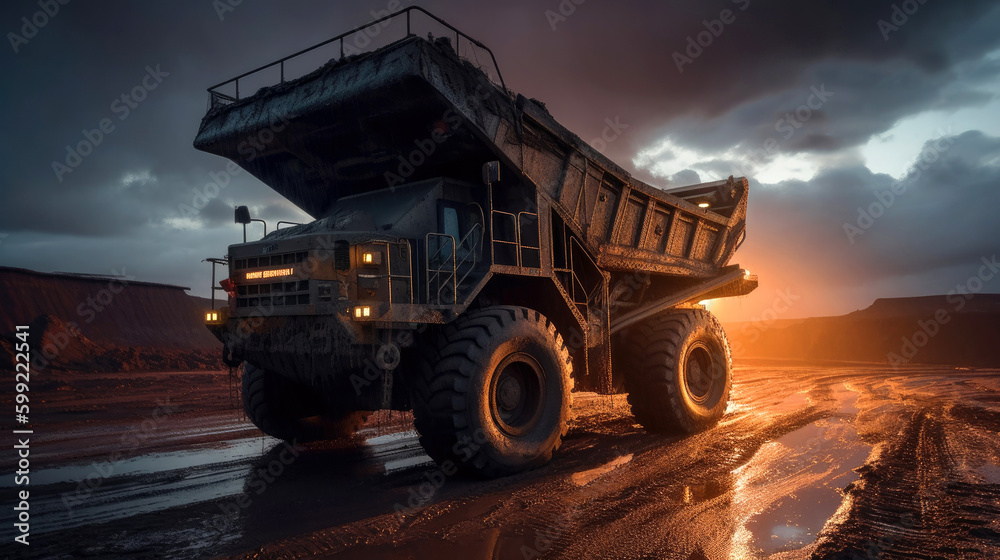 Obraz premium Mining truck working in a quarry at sunset. Generative AI