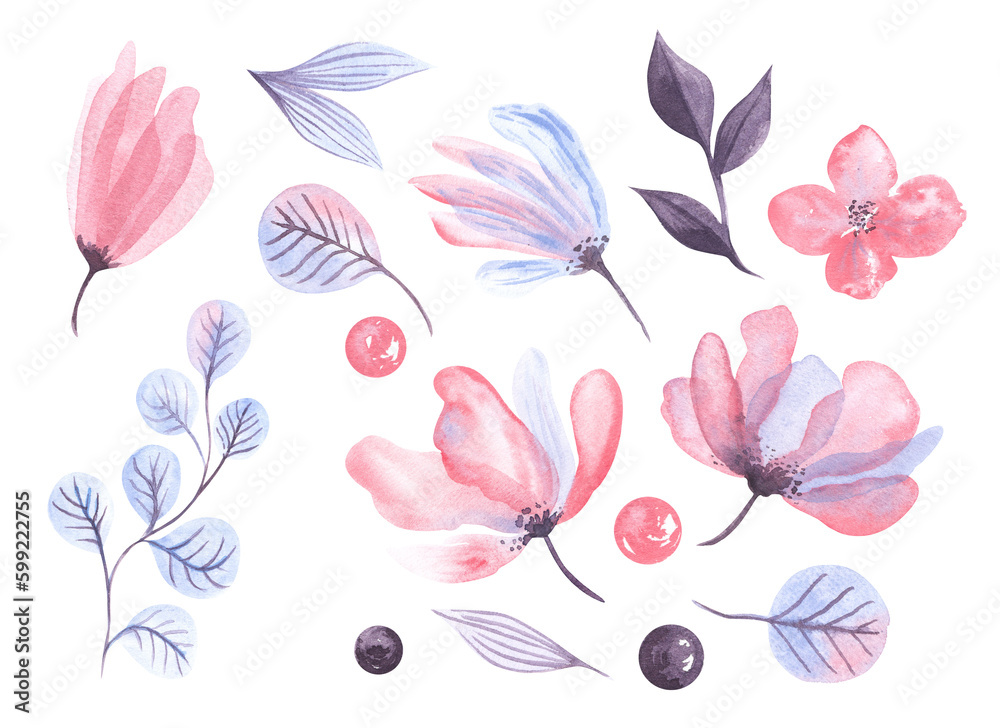 Obraz premium Abstract pink and violet transparent watercolor flowers leaves nice and beautiful. For print cards, invitation, wedding