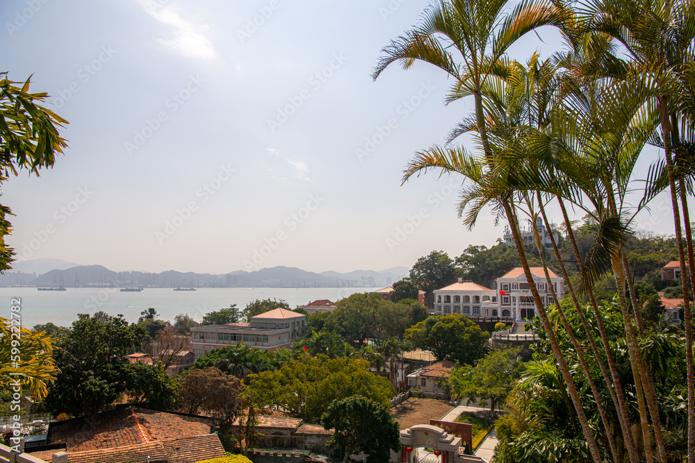 Aerial view of Gulangyu island with Palm trees at the foreground. Blue sky with copy space for text
