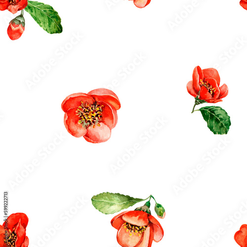 Floral seamless pattern with spring red flowers of blooming spring camellia. Hand drawn watercolor illustration on white background for fabric, textile, wallpaper, packaging, interior, clothes.