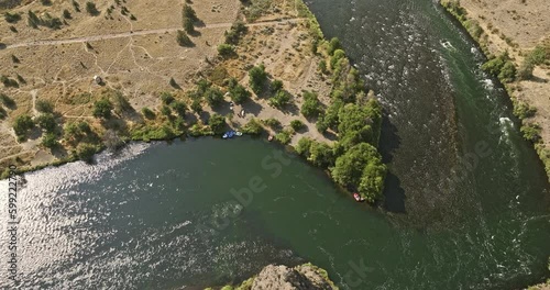 Deschutes River Oregon Aerial v82 birds eye view drone flyover Deschutes river capturing nature landscape of Davidson Flats Campground from above during summer - Shot with Mavic 3 Cine - August 2022 photo