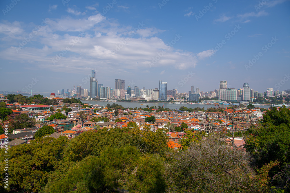 GULANGYU, XIAMEN, CHINA. February 21st, 2021: Xiamen panoramic scenery, aerial view from gulangyu island. Blue sky with copy space for text