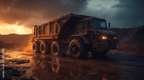 Mining truck working in a quarry at sunset. Generative AI