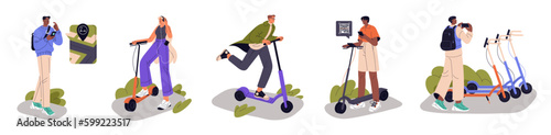 People renting e-scooters with mobile apps, phones in city. Urban eco electric transport, online rental service. Riding, driving modern vehicles. Flat vector illustrations isolated on white background