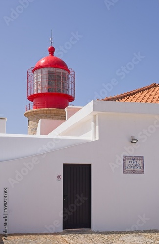 Cape of St. Vicente lighthouse (Farol do Cabo de Sao Vicente) is a coastal lighthouse located in the southwesternmost point of Portugal and of mainland Europe. Selective focus. photo