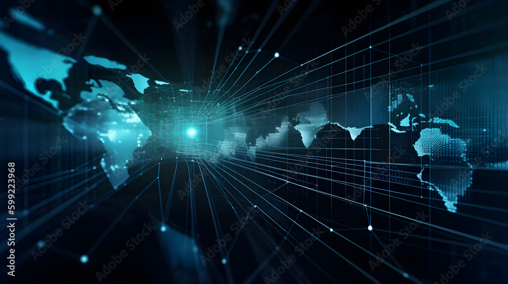Obraz premium Digitals data stream. Bright, colorful background. Abstract digital network connection technology business. Network connections concept. Big data and cybersecurity. Generative AI