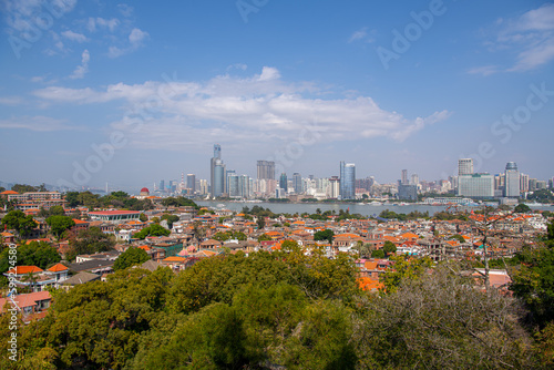 GULANGYU, XIAMEN, CHINA. February 21st, 2021: Xiamen panoramic scenery, aerial view from gulangyu island. Blue sky with copy space for text