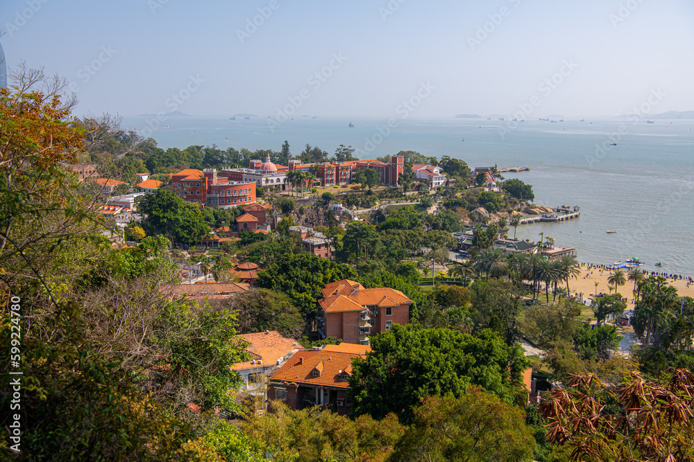 Close up view of the European-style architecture on Gulangyu Island on a sunny day, Xiamen, copy space for text, blue sky