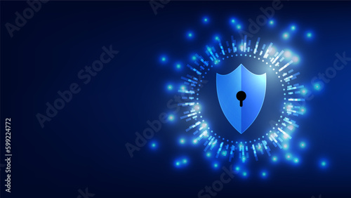 digital shield with virtual screen on dark background cyber security technology fraud prevention with copy space