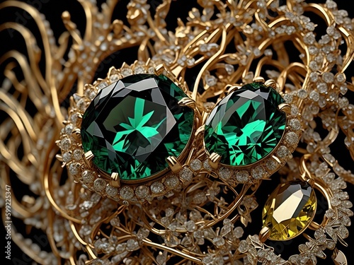 Jewelry ring with emerald on black background. generative ai