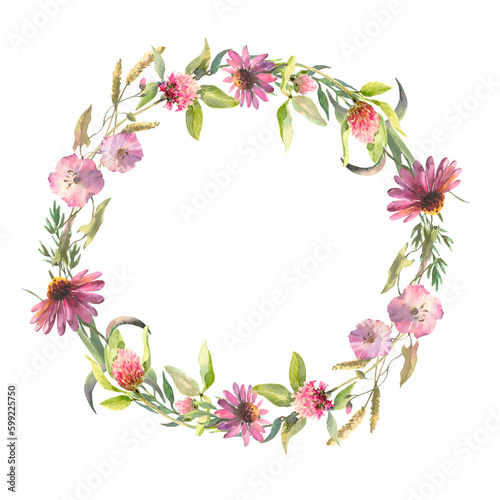 Floral wreath. Watercolor field flower round frame. Wildflowers isolated on white background. Meadow flowers circle border.
