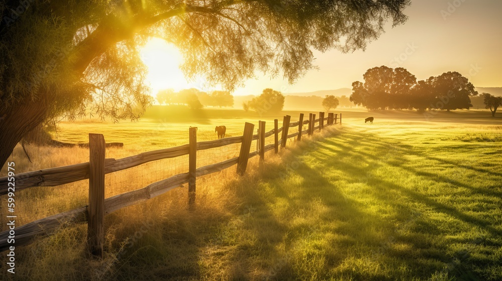 Golden Dawn at the Ranch: A Rustic Sunrise Landscape - obrazy, fototapety, plakaty 