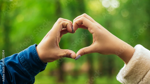 Close up lovely couple hands making heart shape sign symbol on summer background. Love concept, Valentine`s Day, marriage, relationship, friendship  © Volodymyr