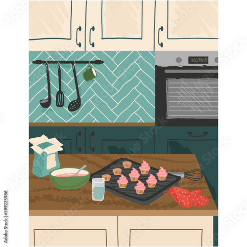 Home kitchen interior with cooked muffin on table