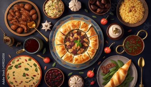 Arabic Cuisine: Middle Eastern Traditional Lunch. This is also Ramadan Iftar. View from above
