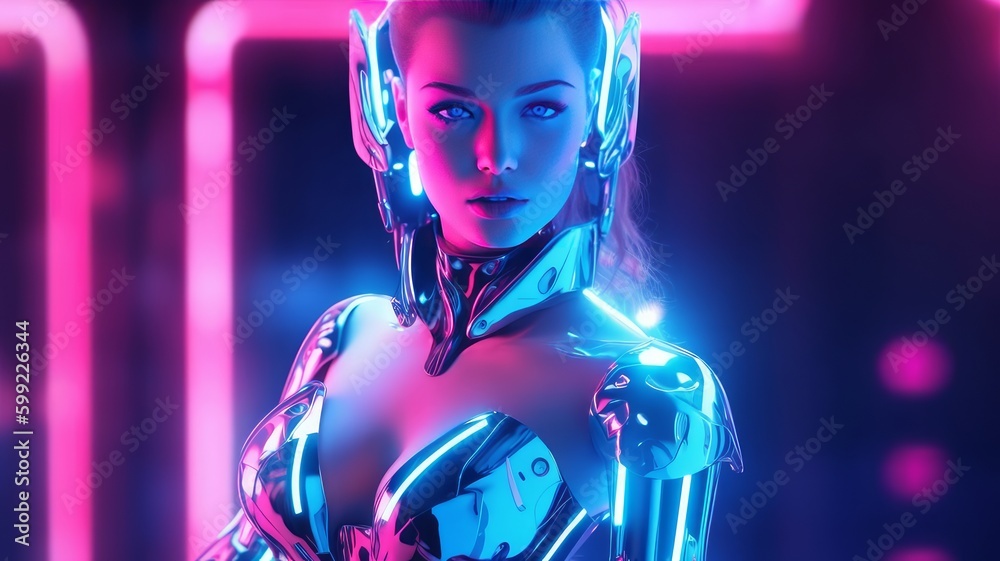Humanoid cyber girl in virtual digital technologies in neon light, futuristic robot in 3d render. The concept of coexistence of people and robots. Humanoid cyber girl in virtual digital technologies in neon light, futuristic robot in 3d render. The concept of coexistence of people and robots.