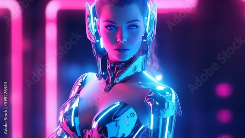 Humanoid cyber girl in virtual digital technologies in neon light, futuristic robot in 3d render. The concept of coexistence of people and robots.