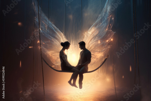 2 soulmates with angelic wings sitting on an ethereal swing surrounded by spiritual energy, waiting to be born again and excited to find each other yet again. Generative Ai.