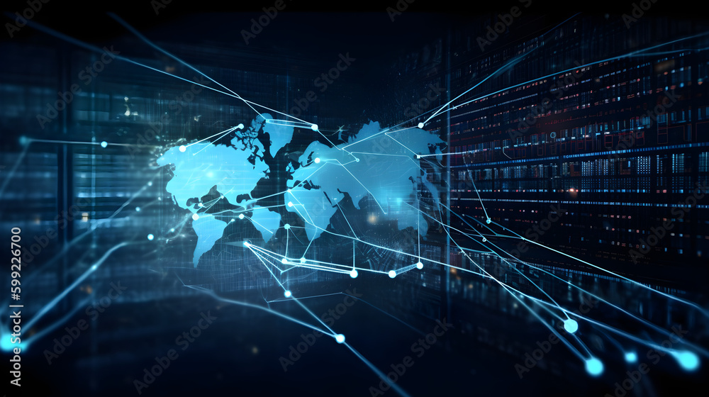 Digitals data stream. Bright, colorful background. Abstract digital network connection technology business. Network connections concept. Big data and cybersecurity. Generative AI