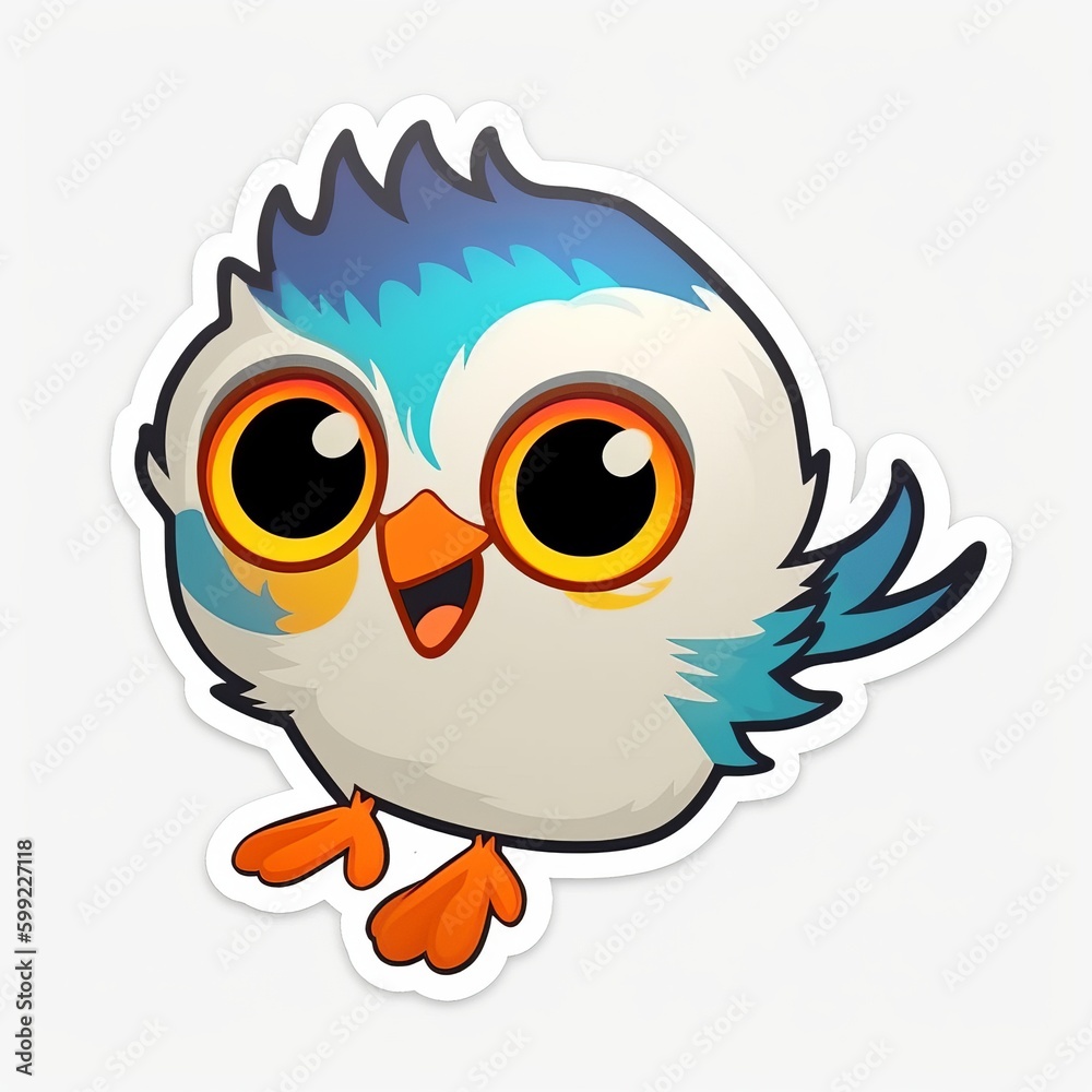 Naklejka premium A playful and mischievous chibi Bird sticker with a white background, exuding a sense of fun and cuteness. The chibi Bird is depicted with a bright eyes, and an animated expression, Generative AI