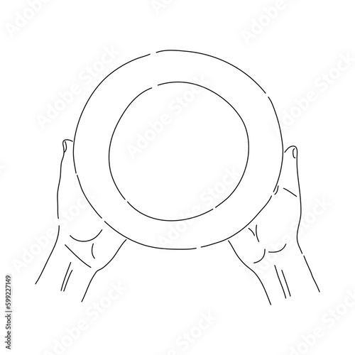 Two female hands hold an empty plate. Concept of helping hungry people. Sketch vector illustration.