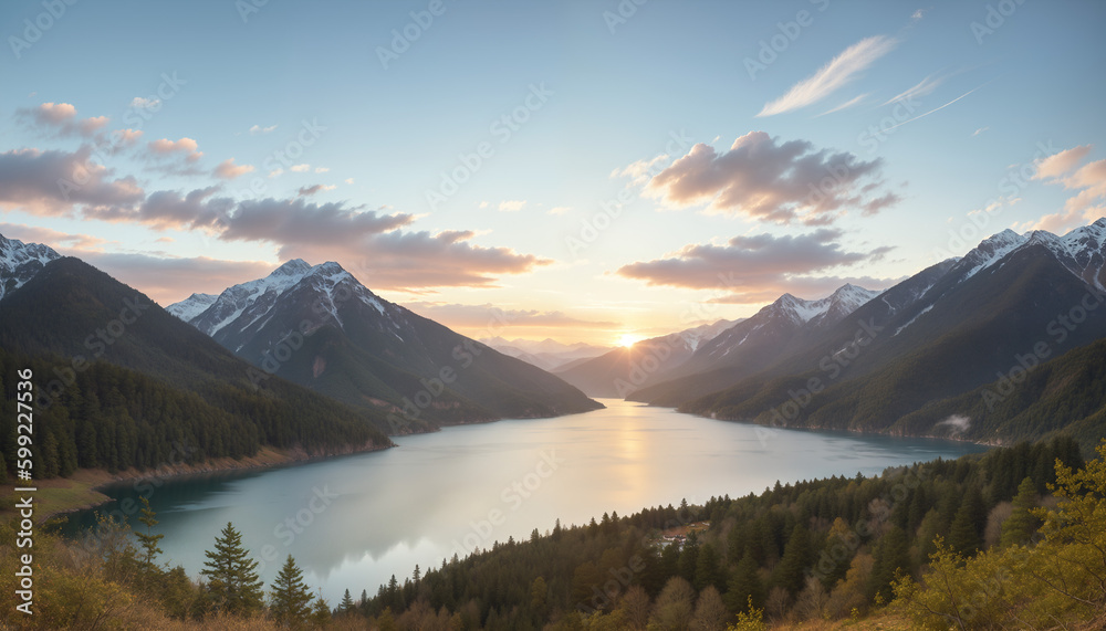 Landscape view of mountains and lake