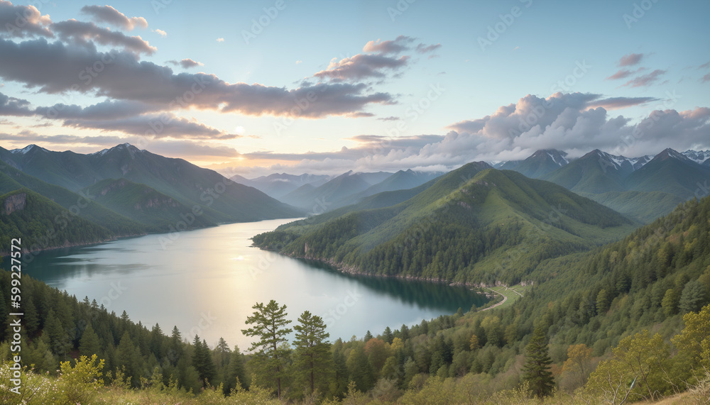 Landscape view of mountains and lake