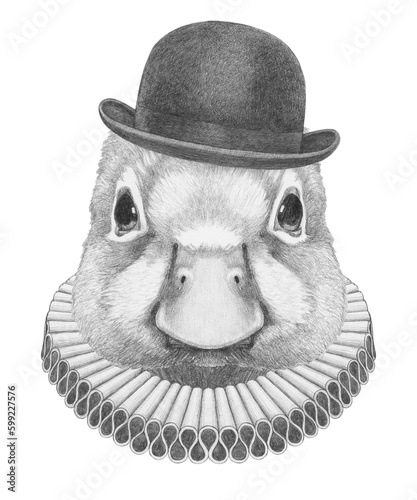 Photos Portrat of Duck with Elizabethan Collar and Bowler Hat
