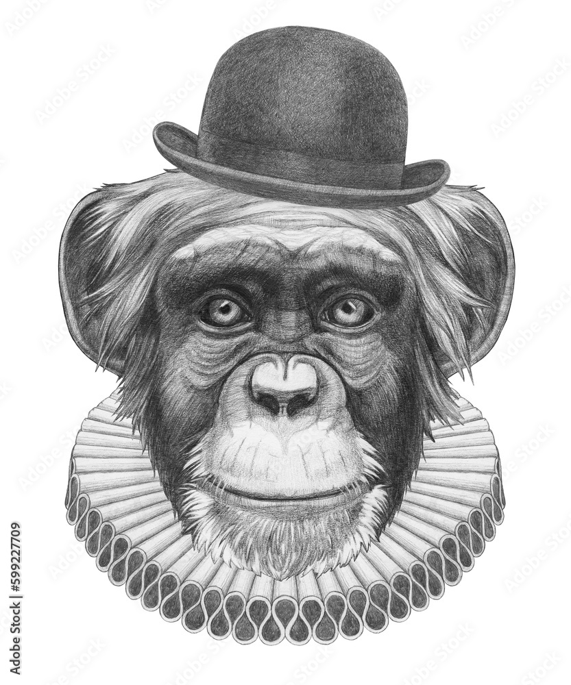 Portrat of Monkey with Elizabethan Collar and Bowler Hat. Hand-drawn illustration