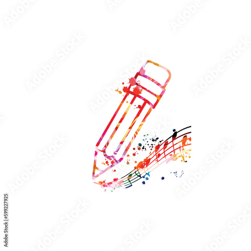 Writing the music, songwriting, creating a melody concept. Vector illustration of pencil with musical notes staff. Inspirational design for composing a song, art school, conservatory poster background