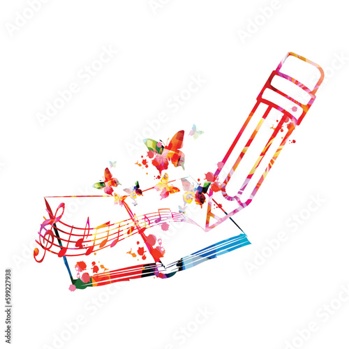 Songwriting book, writing a hit song techniques, creating music. Vector illustration of pencil, book and musical notes staff isolated. Composing song design. Background for conservatory or art school