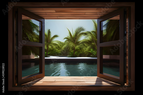 Window view of tropical garden with swimming pool  Generative AI 2