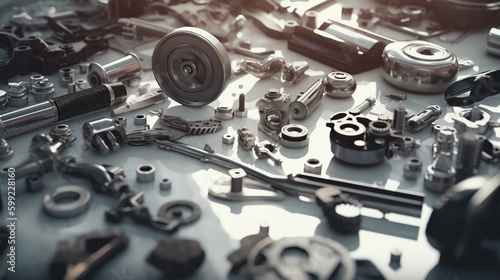 Auto repair shop disassembled engine parts, car repair, engine parts photo