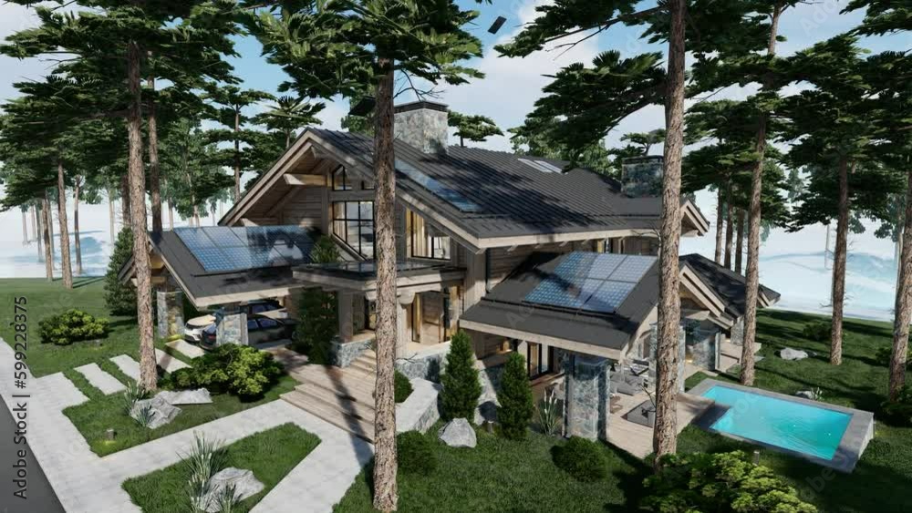4K video rendering of installation Solar panels on the roof of modern cozy chalet with pool and parking for sale or rent. Beautiful forest mountains on background. 