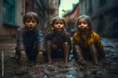 Three children, boy and girl, are sitting in a muddy puddle, playing outside, dirty after the rain. Generative AI.