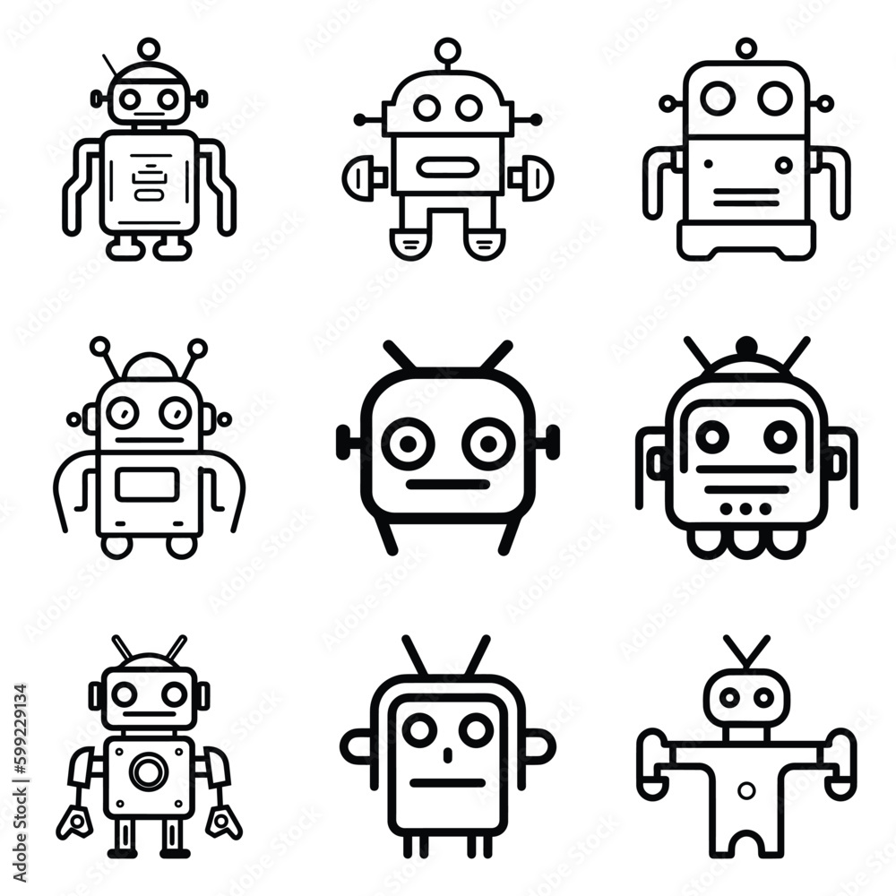 Robots Flat Icon Set Isolated On White Background